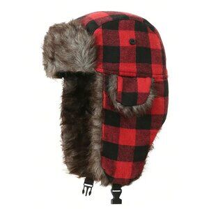 Red Winter Plaid Trapper Hat Insulated Ear Flap Warm Cold Weather Ski Hunting